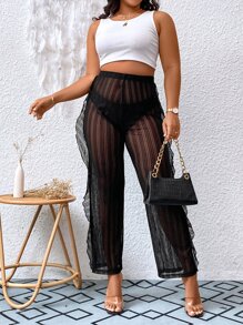 Calvaya Pantalones de rayas de malla ribete con fruncido transparente sin bragas - Negro - Ver 4