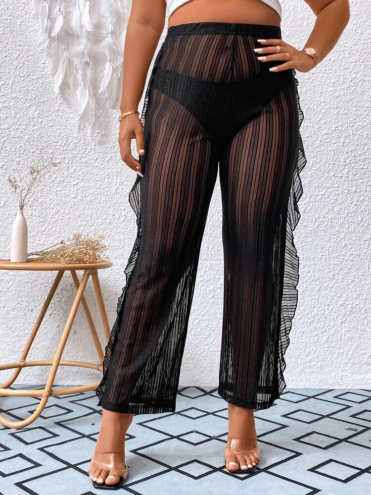 Calvaya Plus Striped Mesh Ruffle Trim Sheer Trousers Without Panty - Black - View 5
