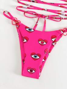 圖形印花露背三角形夏季沙灘比基尼套裝 - 玫紅色 - 查看 3