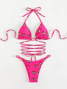 圖形印花露背三角形夏季沙灘比基尼套裝 - 玫紅色 - 查看 5
