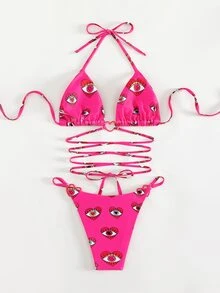 圖形印花露背三角形夏季沙灘比基尼套裝 - 玫紅色 - 查看 6