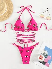 圖形印花露背三角形夏季沙灘比基尼套裝 - 玫紅色 - 查看 7