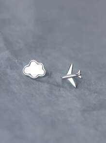 Cloud & Airplane Design Silver Stud Earrings - Silver - View 2