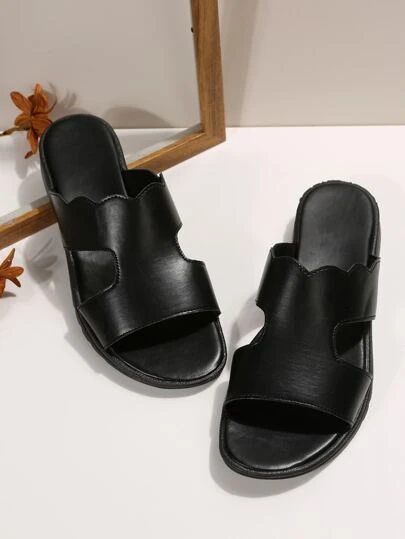Women Cut Out Slide Sandals, Fashionable Black Flat Sandals