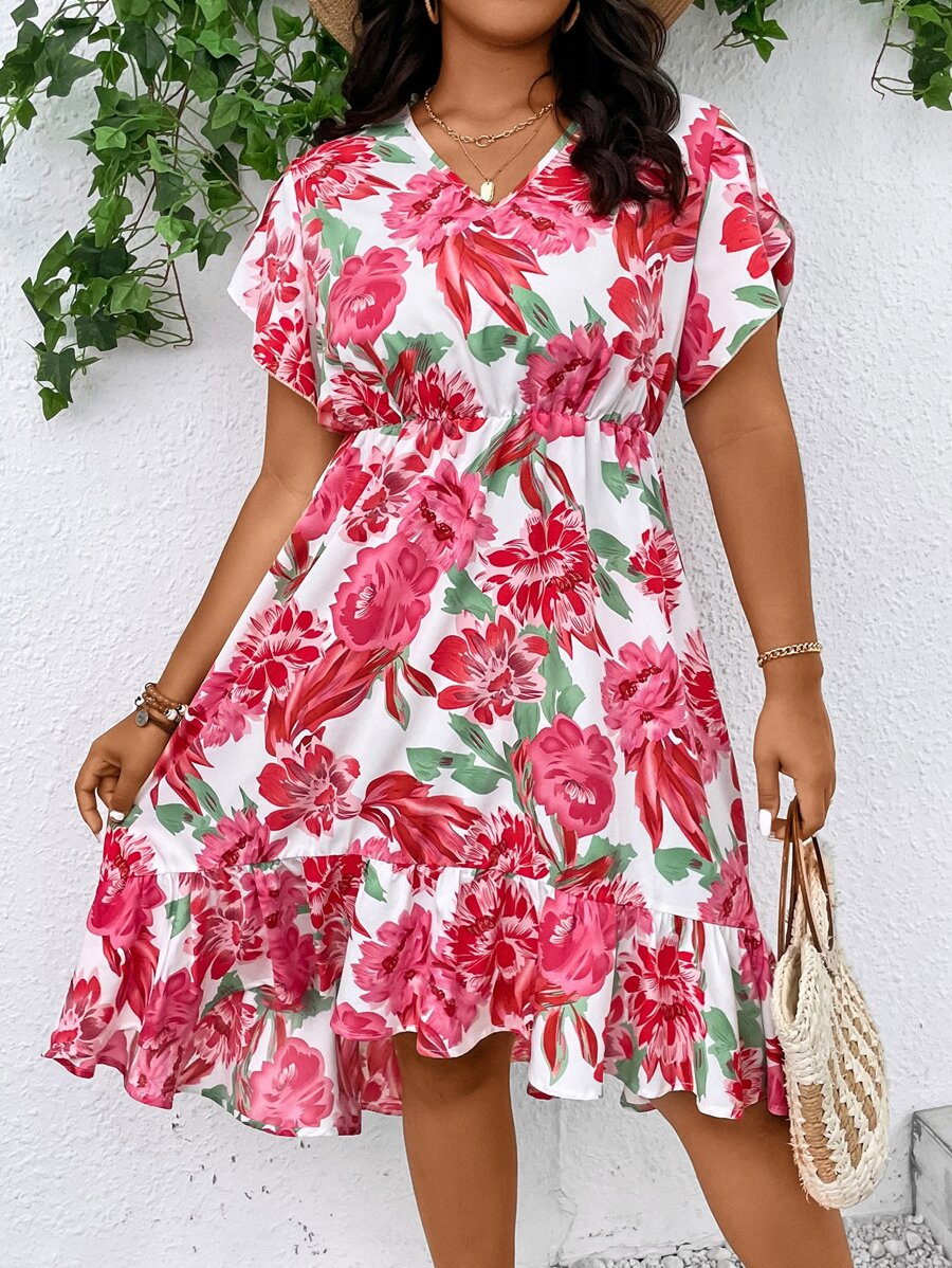 SHEIN Holidaya Plus Floral Print Petal Sleeve Ruffle Hem Dress - White - View 1