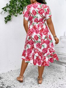SHEIN Holidaya Plus Floral Print Petal Sleeve Ruffle Hem Dress - White - View 2