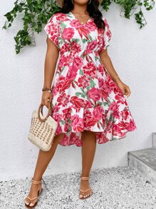 SHEIN Holidaya Plus Floral Print Petal Sleeve Ruffle Hem Dress - White - View 5