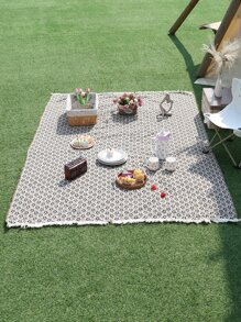 1pc Black & White Small Cherry Blossom Woven Picnic Mat