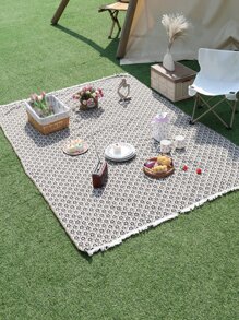1pc Black & White Small Cherry Blossom Woven Picnic Mat