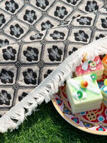 1pc Black & White Small Cherry Blossom Woven Picnic Mat