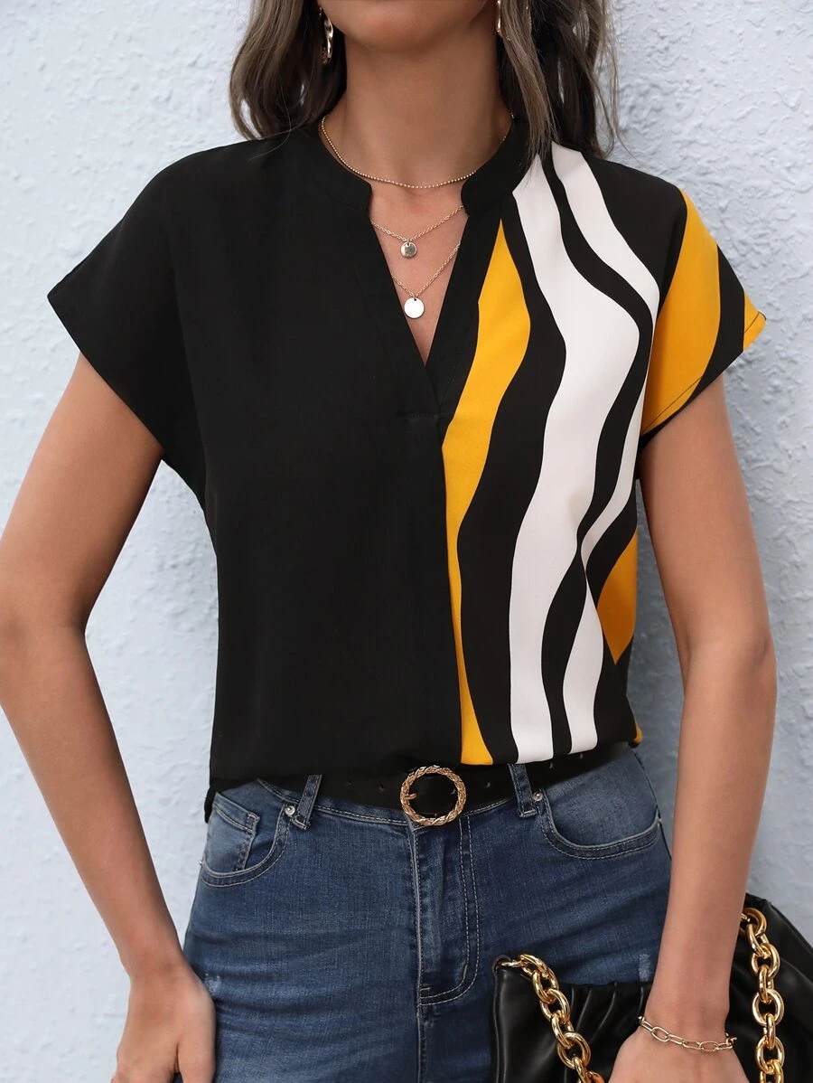 SHEIN Clasi Colorblock Notched Neck Batwing Sleeve Blouse - Multicolor - View 1