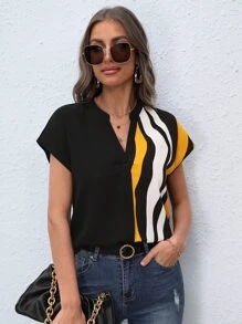 SHEIN Clasi Colorblock Notched Neck Batwing Sleeve Blouse - Multicolor - View 3