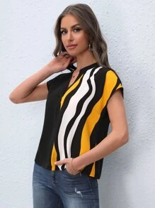 SHEIN Clasi Colorblock Notched Neck Batwing Sleeve Blouse - Multicolor - View 4