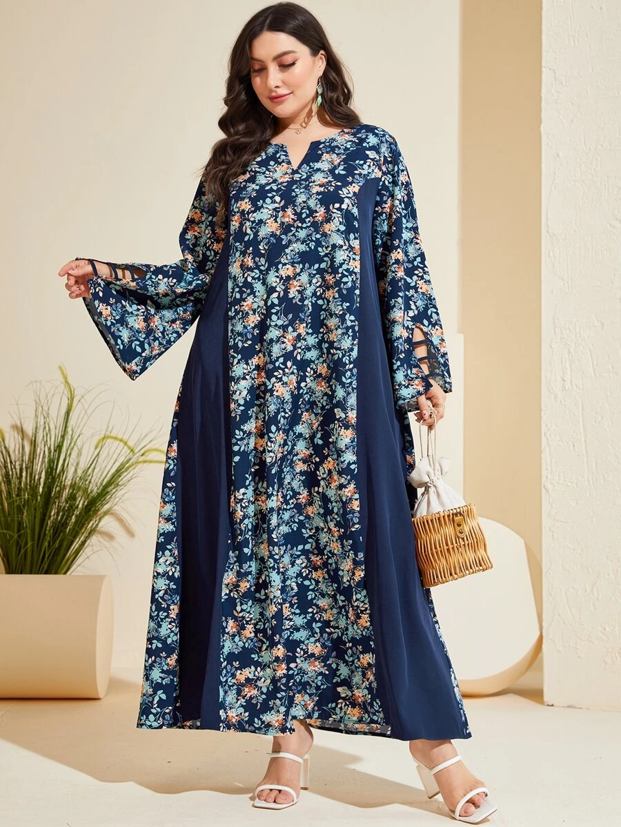 Al Najma 大碼印花缺口領荷葉袖連衣裙 - 藏蓝色 - 查看 1