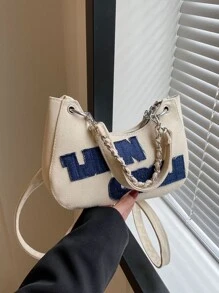 荔枝紋壓花絲巾裝飾法棍包 - 米色 - 查看 1