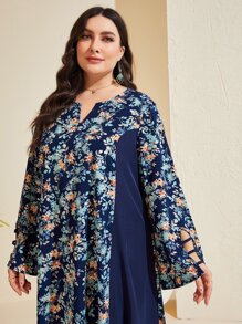 Al Najma 大碼印花缺口領荷葉袖連衣裙 - 藏蓝色 - 查看 3