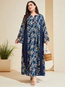 Al Najma 大碼印花缺口領荷葉袖連衣裙 - 藏蓝色 - 查看 4