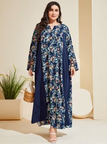 Al Najma 大碼印花缺口領荷葉袖連衣裙 - 藏蓝色 - 查看 5