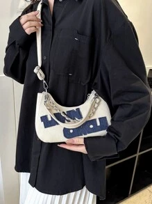 荔枝紋壓花絲巾裝飾法棍包 - 米色 - 查看 4