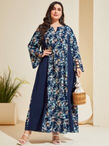 Al Najma 大碼印花缺口領荷葉袖連衣裙 - 藏蓝色 - 查看 6