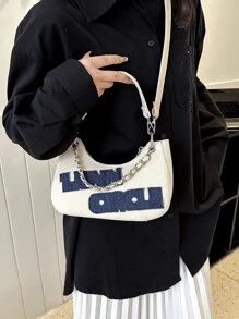 荔枝紋壓花絲巾裝飾法棍包 - 米色 - 查看 5