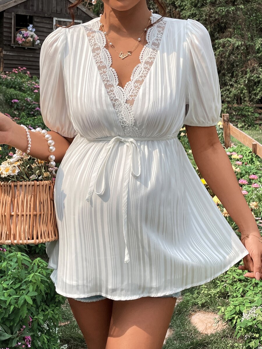 SHEIN Áo sơ mi Bà bầu Thắt lưng Tương phản Mesh Thêu màu trơn Thanh lịch - trắng - Xem 1