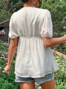 SHEIN Áo sơ mi Bà bầu Thắt lưng Tương phản Mesh Thêu màu trơn Thanh lịch - trắng - Xem 2