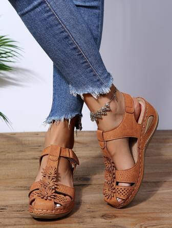 女士花朵裝飾踝帶戶外坡跟涼鞋