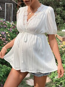 SHEIN Áo sơ mi Bà bầu Thắt lưng Tương phản Mesh Thêu màu trơn Thanh lịch - trắng - Xem 3