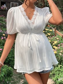 SHEIN Áo sơ mi Bà bầu Thắt lưng Tương phản Mesh Thêu màu trơn Thanh lịch - trắng - Xem 4