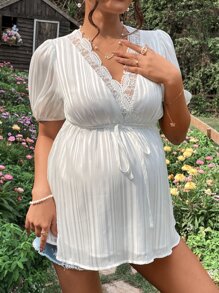 SHEIN Áo sơ mi Bà bầu Thắt lưng Tương phản Mesh Thêu màu trơn Thanh lịch - trắng - Xem 5