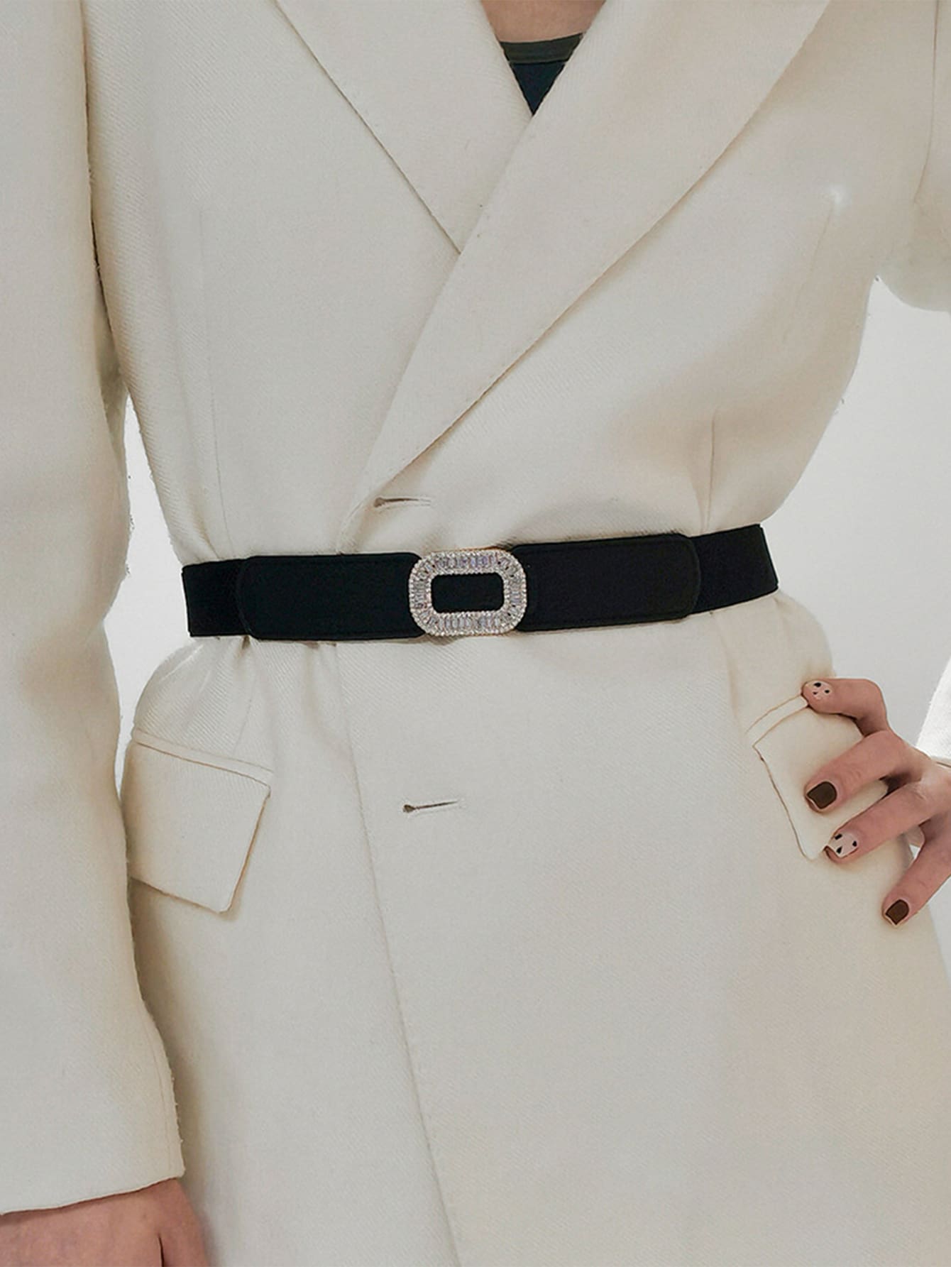 水鑽裝飾搭扣腰帶 - 黑色 - 查看 1