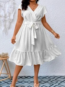 SHEIN Clasi Vestido con cinturón de lunares bajo con fruncido - Blanco - Ver 1