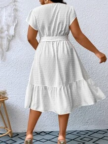 SHEIN Clasi Vestido con cinturón de lunares bajo con fruncido - Blanco - Ver 2