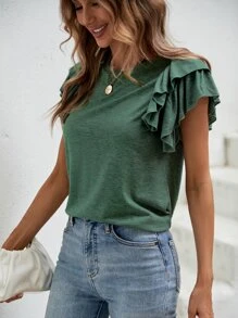 SHEIN Clasi Áo thun nữ Xù màu trơn Giải trí - màu xanh lá - Xem 6
