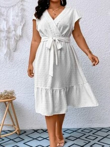 SHEIN Clasi Vestido con cinturón de lunares bajo con fruncido - Blanco - Ver 5
