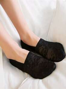 花卉蕾絲船襪 - 黑色 - 查看 1