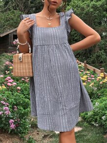 SHEIN Maternidad Vestido con estampado de cuadros ribete con fruncido - Blanco y Negro - Ver 1