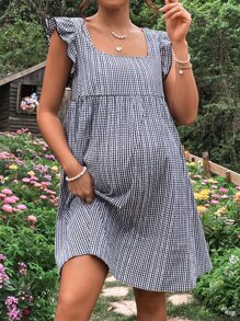SHEIN Maternidad Vestido con estampado de cuadros ribete con fruncido - Blanco y Negro - Ver 3