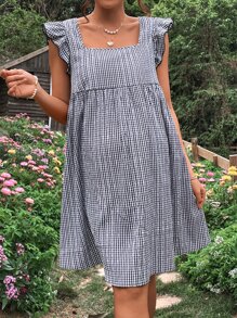 SHEIN Maternidad Vestido con estampado de cuadros ribete con fruncido - Blanco y Negro - Ver 5