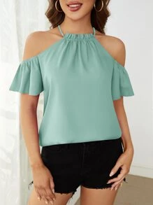 SHEIN Clasi 挖肩褶邊素色上衣 - 薄荷綠 - 查看 4