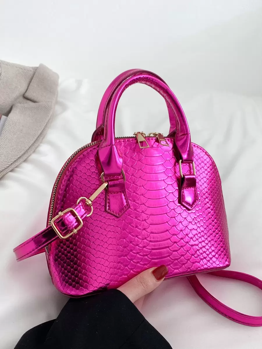 Mini Metallic Snakeskin Embossed Dome Bag - Hot Pink - View 1