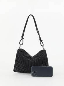 閃閃發光的鑽石鑲嵌結縛流蘇拉鍊手拿包，適用於派對和婚禮 - 黑色 - 查看 5