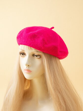 1 pieza Boina de lana de un solo color, elegante estilo francés con Top plana, adecuada para viajes diarios y compras en invierno y otoño