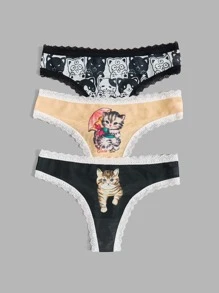 ROMWE Kawaii 3pack Cartoon Graphic Contrast Lace Panty Set - Multicolor - View 5