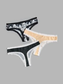 ROMWE Kawaii 3pack Cartoon Graphic Contrast Lace Panty Set - Multicolor - View 2