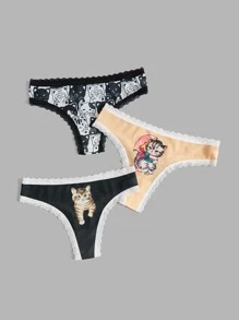 ROMWE Kawaii 3pack Cartoon Graphic Contrast Lace Panty Set - Multicolor - View 3