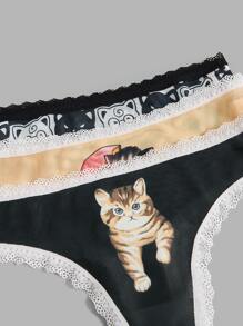 ROMWE Kawaii 3pack Cartoon Graphic Contrast Lace Panty Set - Multicolor - View 6