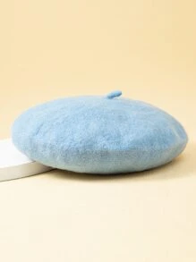1入組女士純色針織優雅貝雷帽,表面平滑,日式風格,適合日常穿著和購物休閒 - 淺藍色 - 查看 2