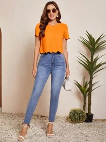 SHEIN Clasi Solid Scallop Trim Top - Orange - View 4